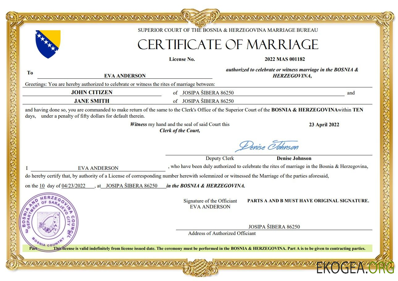 Modèle Word et PDF d'acte de mariage en Bosnie Herzégovine